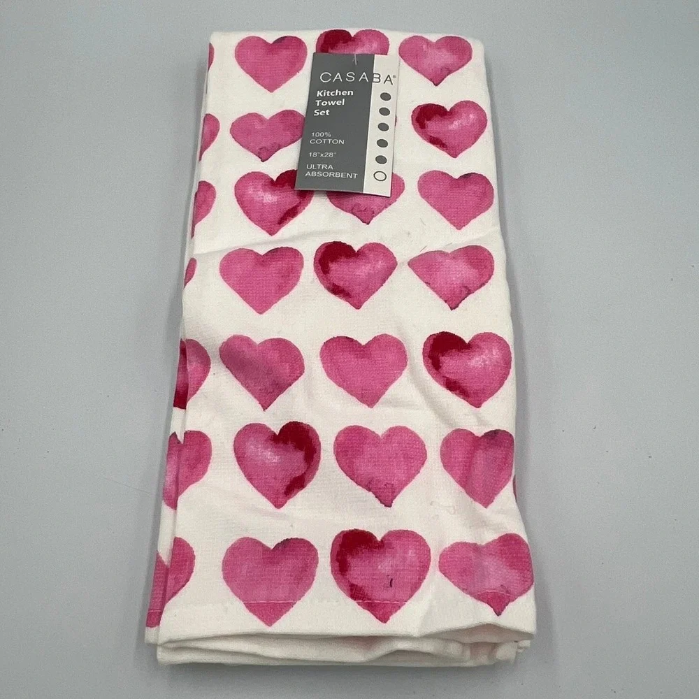 Casaba Kitchen Towel Set Unisex 18x28 Pink Brand New Heart Print Cotton 2pk